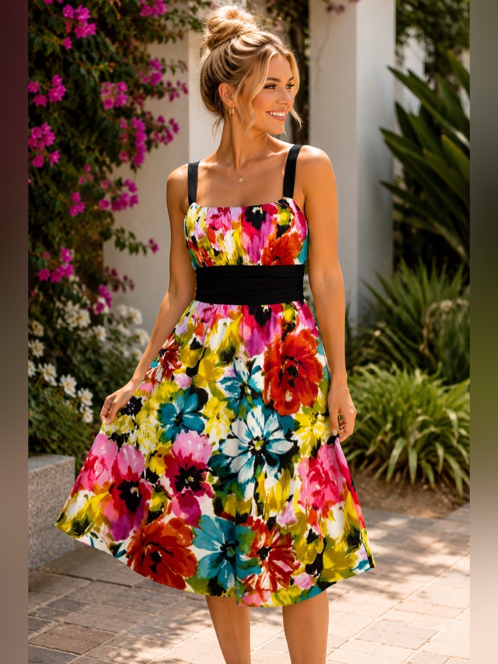 B. Smart Floral Fit & Flare Dress | Colorful Garden Party Midi Size 14